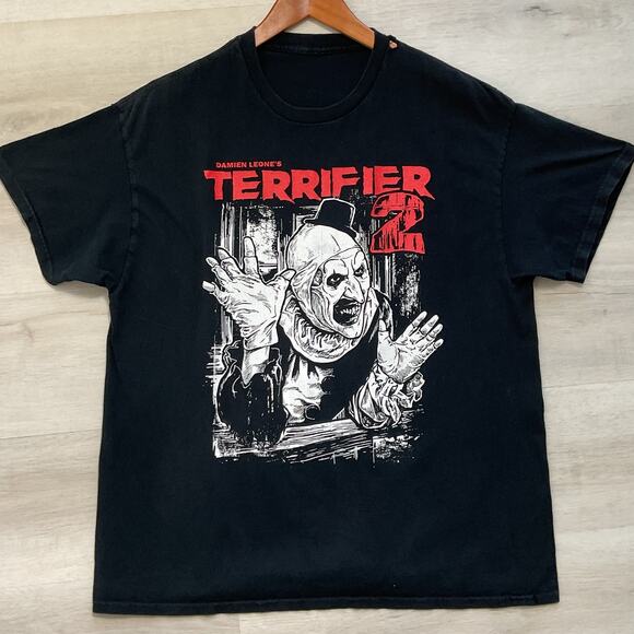 The Terrifier 2 Damien Leone Art The Clown Crew Neck Tee Shirt Black Mens XL - Picture 1 of 9